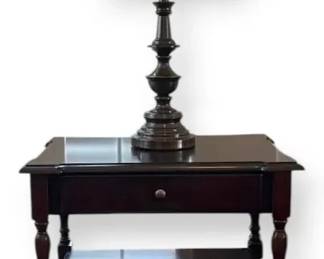 Butler Tiered Table with Drawer  Brushed Bronze Lamp