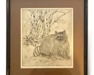 RacCoon Wildlife Etching Print By Eileen Caddock 17 x18.5 
