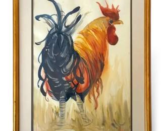 Framed Watercolor Rooster Painting 29 x38 