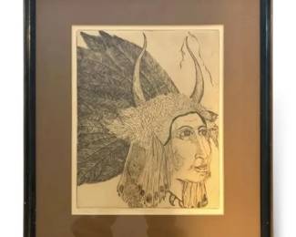 Framed Native American Etching Signed  Dated 1974 17 x19 