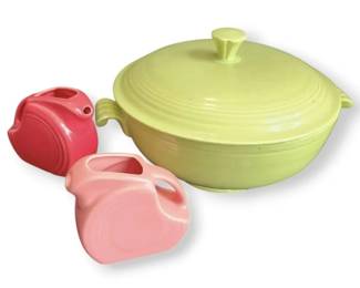 Fiestaware Vintage Chartreuse Green Casserole Dish  Mini Creamers in Rose and Flamingo Pink