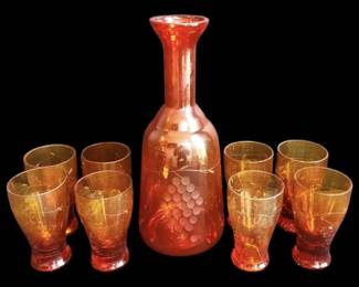 Vintage Amberina Blown Glass Decanter  Glasses