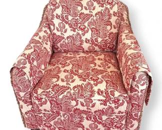 Red Linen Upholstered Paisley Chair With Decorative Studs And Feet