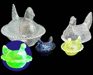 Four Hens on Nests  Including Uranium Glass