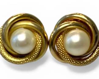 10k Yellow Gold Textured Love Knot Pearl Stud Earrings 2.65g
