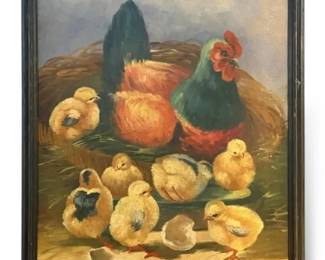 Hen  Chicks Oil Painting Signed EHA 26.5 x23 