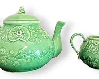 Bordallo Pinheiro Green Frog Majolica Tea Set