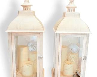 2 Faux Wooden Lanterns With Fairy Lights And Led Candles