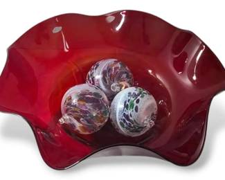 Blenko Red Ruffled Glass Bowl with 3 Blown Glass Orbs
