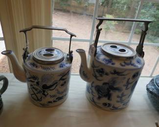 vintage blue and white tea pots