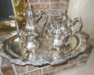 silver plate tray and tea pot