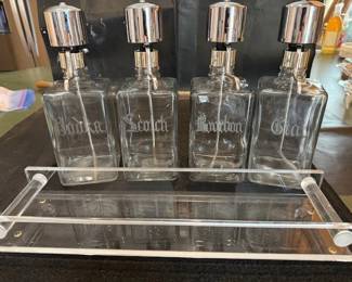 Cool MCM pump dispenser alcohol decanters. Lucite caddy.