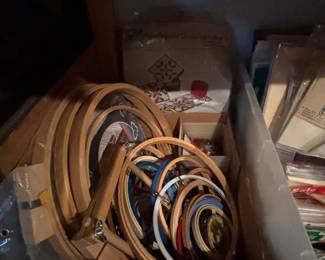 Embroidery hoops, embroidery floss by the hundreds