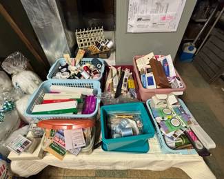 thread, zippers, bias tape, elastic, sewing tools, needles, pins