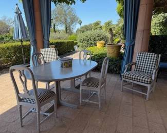 Gray Oval Dining Table with 2 Leaves ~ Checked Upholstery Dining Chairs