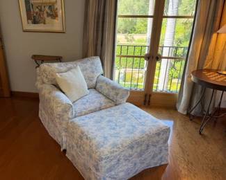 Toile Upholstered Chair and Ottoman