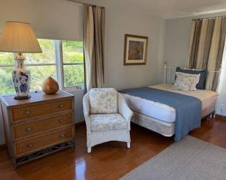 Full Bed with Iron Headboard ~ Wicker and Metal 3-Drawer Chest