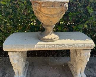 Small Cement Bench with Lion's Head Pedestals