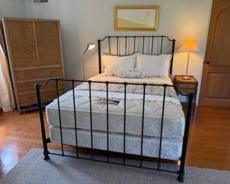 Queen Bed ~ Black Iron Frame ~ Tall Wicker and Metal Cabinet