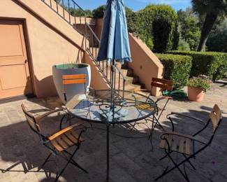 Round Glass Top and Metal Table ~ Set of Folding Chairs