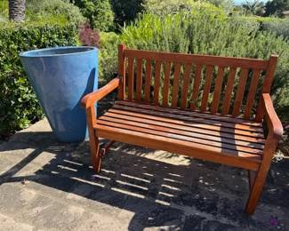 Blue Glaze Oval Pot ~ Wood Bench