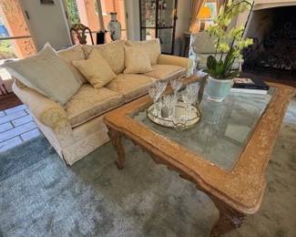 Sofa (pr.) ~ Glass Top Coffee Table on Crackled Wood