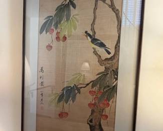 Framed Asian Silk Print "Bird in a Lychee Tree"