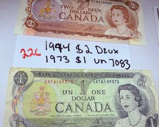 1994 $2 Deux and 1973 $1  Un