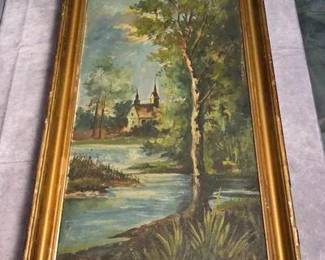 Original Art - Vertical Church Landscape Painting In Gold Frame