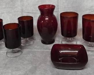 Vintage Luminarc France Ruby Red Wine Glasses, Vase and Dish