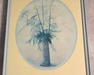 Original Art Signed Blue On Blue Botanical Watercolor