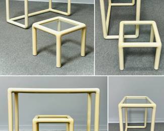 Vintage tubular frame tables with glass tops, largest table is 40"W x 20"D x 28H, smaller is 17.5" X 17.5" X 15.5"H