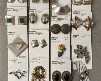 Beautiful vintage sterling silver earrings and pins, a vintage Norwegian European silver wedding brooch,  Mexican sterling silver brooches and earrings