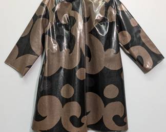 Marimekko women's black and light brown abstract print rain coat or windbreaker, swing coat style, size 12, Finnish designer