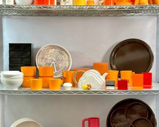 Vintage mid-century plastic serving ware, dish ware, and other items including pieces by Danese Milano (Italy), Gustavsberg (Sweden), Florineige, Heller, Dansk, and Fiskars Finland 