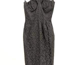A vintage Molly Modes party dress, black lace, fitted bodice with halter neck