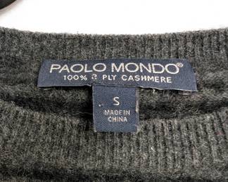 Closeup of vintage Paolo Mondo 2-ply cashmere black and grey striped crew neck long sleeved pullover sweater size S