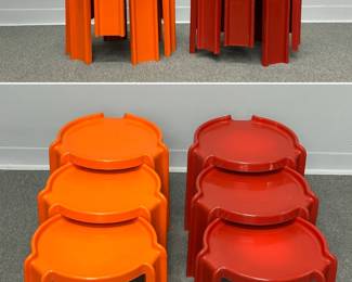 Giotto Stoppino for Kartell vintage red and orange stacking tables in ABS plastic, first produced in 1968