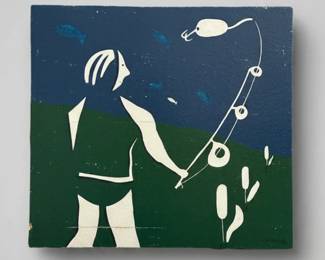 "Fish'en" signed painting by outsider artist Dennis Olejarczyk from Muskegon, Michigan; acrylic on wood, dated '96