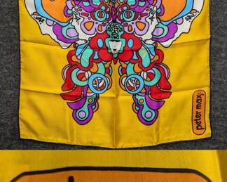A vintage Peter Max "Butterfly Faces" scarf featuring his iconic psychedelic pop art style from the late 1960s or early 1970s. 