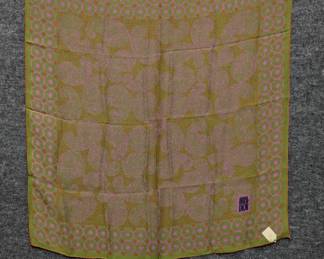 A vintage Christian Dior silk scarf, pale green with pink and orange floral design and Miss Dior logo