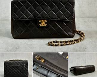 A vintage Chanel Classic Flap Bag authenticated by Entrupy, black quilted lambskin leather with gold-tone hardware—an interlocking CC turnlock clasp—and a chain strap laced with leather. 