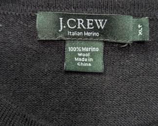 Closeup of J. Crew men's Italian Merino wool black long-sleeve crew-neck sweater, size XLT