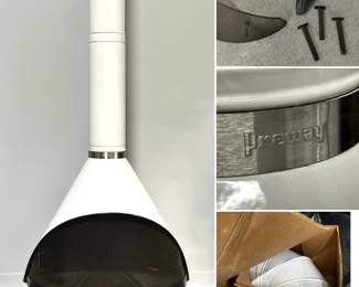 A vintage Preway freestanding fireplace, a quintessential icon of Mid-Century Modern (MCM) design from the 1960s and 1970s;  gloss white porcelain enamel finish, comes with spark screen, grate, and cylindrical piping that can be customized for different ceiling heights.