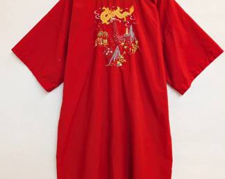 Reverse view of the vintage red kimono robe dressing gown with embroidered pavilion landscapes on the pockets and embroidered dragon over landscape on the back