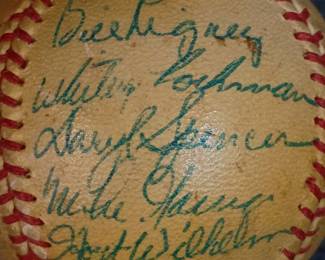 Another view of the 1954 Autographed New York Giants baseball signed by Leo Durocher, Herman Franks, Dave Koslo, Dusty Rhodes, Wally Bock, Wes Westrum, Bob (Bobby) Hofman, Geo (George) Wilson, Fred Fitzsimmons, Monte Irvin, Ruben Gomez, Rog (Roger) Bowman, Al Corwin, Sal Maglie, “The Barber”, Bill Rigney, Whitey Lockman, Daryl Spencer, Willie Mays, and Hoyt Wilhelm. Also has a stamped “Howard Green, Pres.” signature. That was a Class B minor league in Texas, and Green was president from ‘51-‘55. 