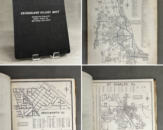 A 1970s vintage "Chicagoland Village Maps" atlas produced by Sidwell Studio Inc. from West Chicago, Illinois; a hardcover collection of map pages presenting keyed street plans for cities and villages in the Chicago area. 
