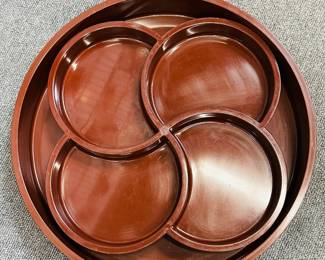 Closeup of vintage mid-century plastic serving ware, dish ware, and other items including pieces by Danese Milano (Italy), Gustavsberg (Sweden), Florineige, Heller, Dansk, and Fiskars Finland 