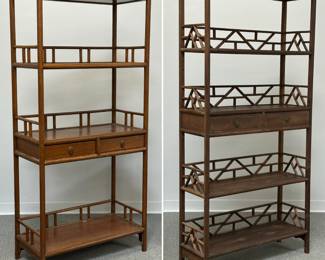 A vintage Chinese Ming-style hardwood bookcase featuring three open shelves, lattice gallery railing, and two drawers with brass hardware, and a vintage Chinese display shelf or etagere featuring a lattice gallery, four shelves, and two drawers