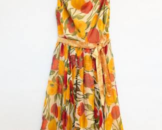 Vintage 50's/60's Seymour Paisin floral tulips print sleeveless dress with velvet tied bow belt, a classic "fit and flare" silhouette from the beloved family-owned boutique Seymour Paisin Ladies Apparel in Chicago (1950 to the early 1980s.)